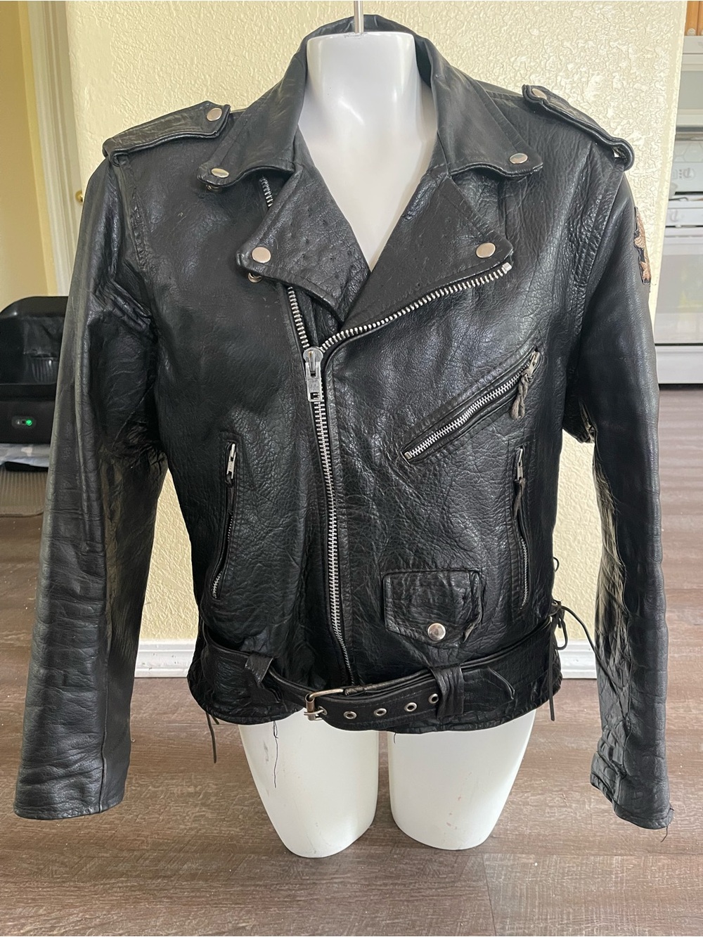 Unik Black Leather Bomber-Style Moto Jacket 80s Vintage
